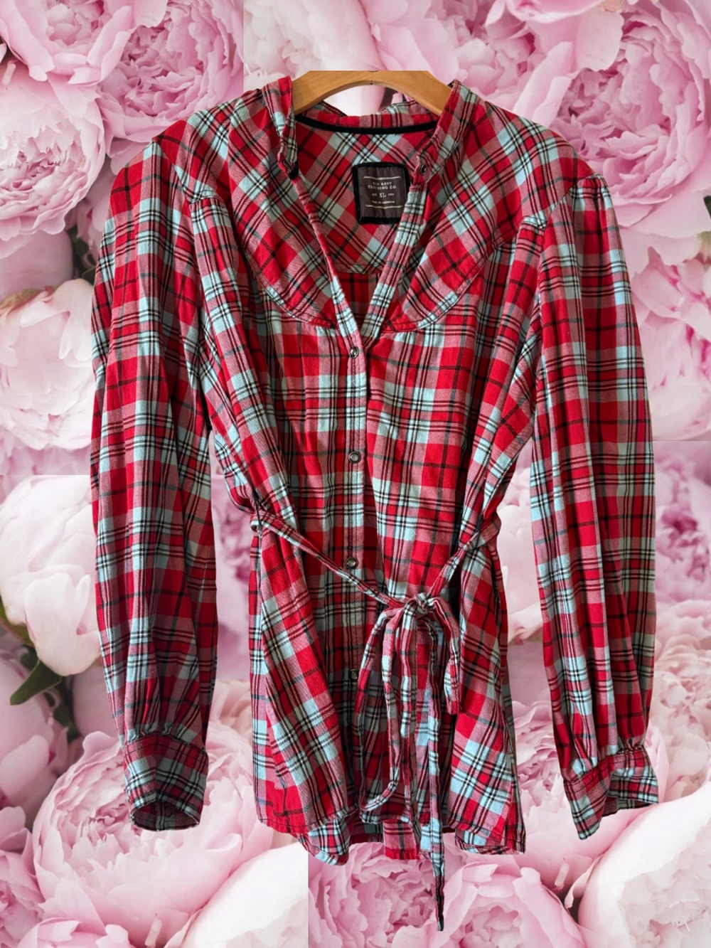Plaid Tunic Top Old Navy Dark Snaps Waist Tie Long Sleeve